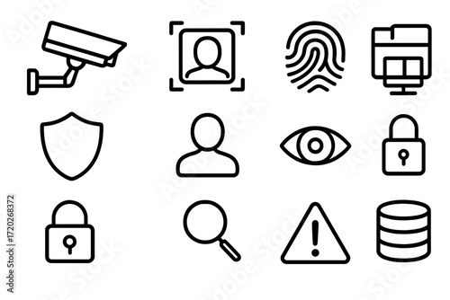 Security Icon Set. Security Image Analysis. Line outline icon set of Security Image Analysis: CCTV camera,