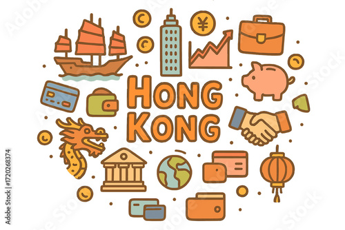 Hong Kong Doodle Art. Hong Kong. Hand-drawn doodle illustration of Hong Kong. Junk boat, skyscrapers, coins,