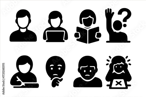 Student Activity Icons. Student activity. Filled icon set of Student activity: student avatar, typing on