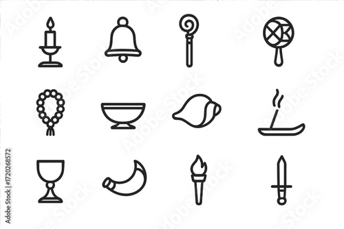 Ritual Tools Icons. Ritual Tools. Line outline icon set of Ritual Tools: candle holder, bell, staff, drum,