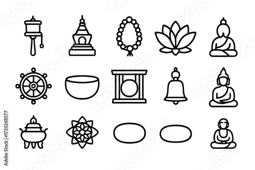 Buddhist Artifacts Icons. Buddhist Sacred Artifacts. Line outline icon set of Buddhist Sacred Artifacts: