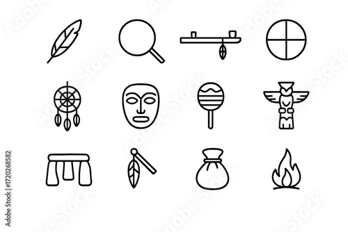 Indigenous Artifact Icons. Indigenous Sacred Artifacts. Line outline icon set of Indigenous Sacred Artifacts: