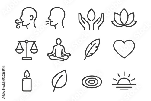 Breath and Balance Icons. Breath and Balance. Line outline icon set of Breath and Balance: inhale symbol,