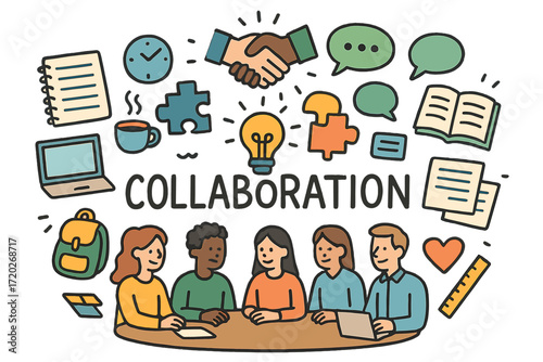 Creative Teamwork Doodle. Collaboration. Hand-drawn doodle illustration of Collaboration. People around table,