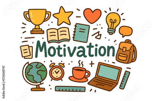 Colorful Motivation Doodles. Motivation. Hand-drawn doodle illustration of Motivation. Trophy, star, heart,