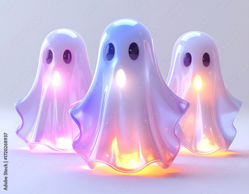 Fototapeta premium Three Iridescent Cartoon Ghosts Glowing with Warm Light on White Backdrop