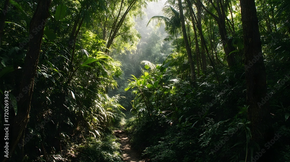Obraz premium Lush Green Jungle Pathway with Sunlight Streaming Through Trees Creating a Vibrant Natural Scene
