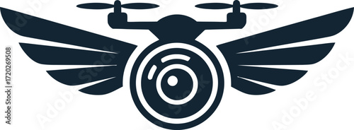 Drone Camera with Wings: A Powerful Aerial Photography Logo. A stylized graphic of a drone with wings and a camera lens in the center.