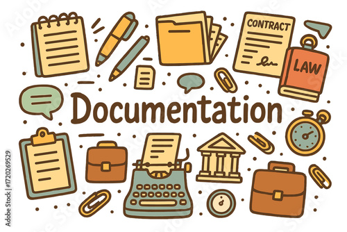 Documentation Doodle. Documentation. Hand-drawn doodle illustration of Documentation. Notepad, pen, file