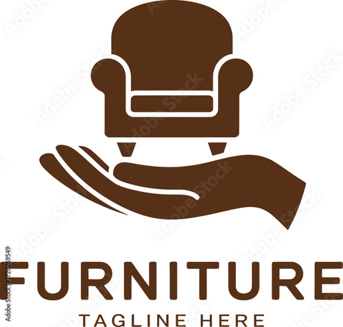 A hand holding a chair logo, perfect for furniture companies. A simple, modern logo design featuring a hand holding a stylized arm chair.