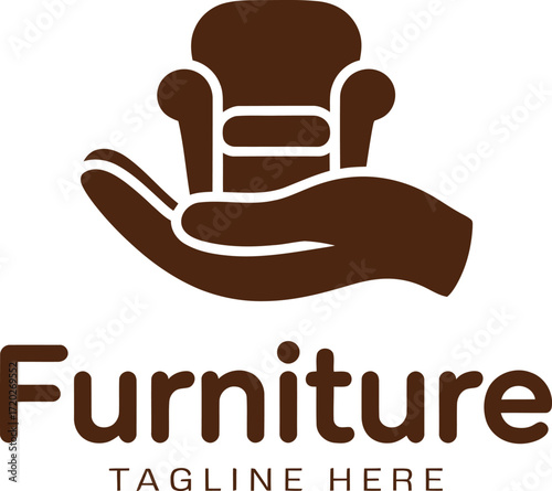 A hand holding a chair logo for a furniture company. A simple, modern logo design featuring a hand holding a chair.
