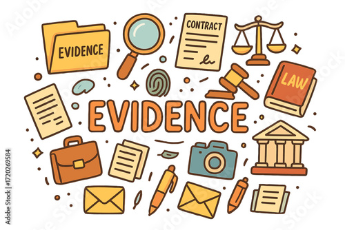 Doodle Evidence Compilation. Evidence. Hand-drawn doodle illustration of Evidence. File folder, magnifying