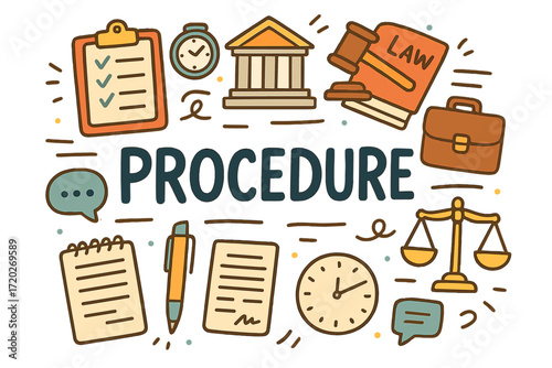 Legal Procedure Doodle. Procedure. Hand-drawn doodle illustration of Procedure. Checklist, clipboard,