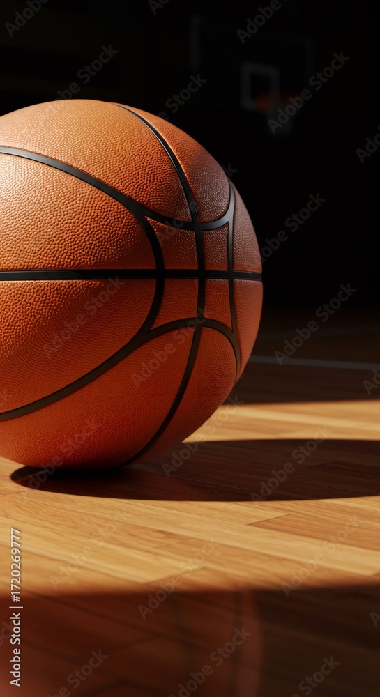 Obraz premium Basketball ball on a wooden court floor. Sport and activity concept. Basketball game poster background.