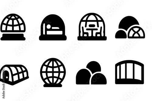 Glass Dome Icons. Glass domes. Filled icon set of Glass domes: observation dome, sleeping pod, restaurant dome