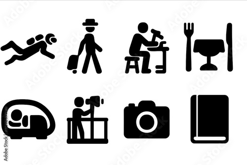 Human Activities Icons. Human activities. Filled icon set of Human activities: scuba diver, tourist,