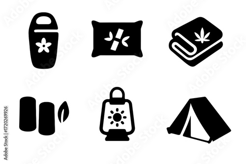 Eco Sleep Essentials Icons. Eco sleeping essentials. Filled icon set of eco sleeping essentials: organic
