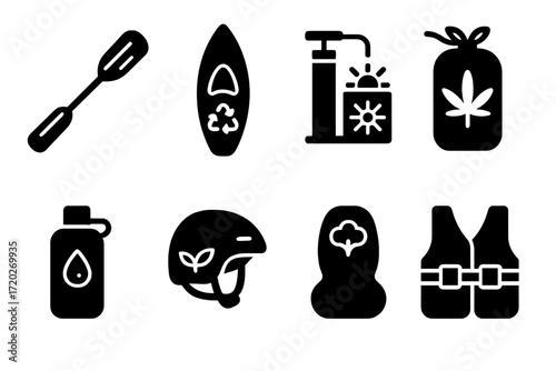 Eco Kayak Gear Icons. Green kayaking gear. Filled icon set of green kayaking gear: bamboo paddle, recycled