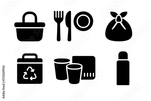 Sustainable Picnic Icon Set. Sustainable picnic gear. Filled icon set of sustainable picnic gear: reusable