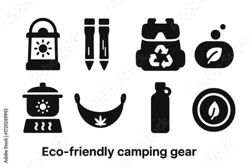 Eco-friendly Camping Icons. Eco-friendly camping gear. Filled icon set of eco-friendly camping gear: solar
