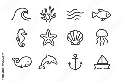 Ocean Icon Set. Oceans. Line outline icon set of Oceans: wave, tide, coral, fish, seahorse, starfish, shell,