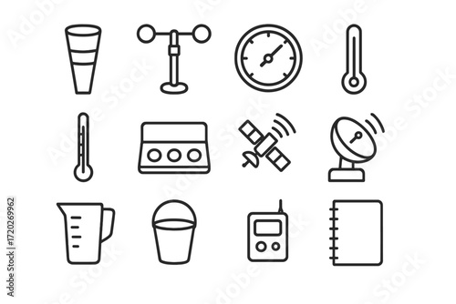 Hydrology Tools Icons. Hydrology Tools. Line outline icon set of Hydrology Tools: rain gauge, anemometer,