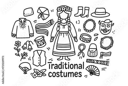 Traditional Costume Doodles. Traditional costumes. Hand-drawn doodle illustration of Traditional costumes. In