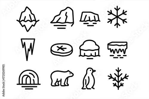 Glacier Icon Set. Glaciers and Ice. Line outline icon set of Glaciers and Ice: iceberg, glacier, ice sheet,