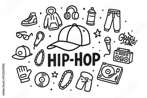 Hip-Hop Doodle Icons. Hip-Hop. Hand-drawn doodle illustration of Hip-Hop. In the middle, one slightly larger