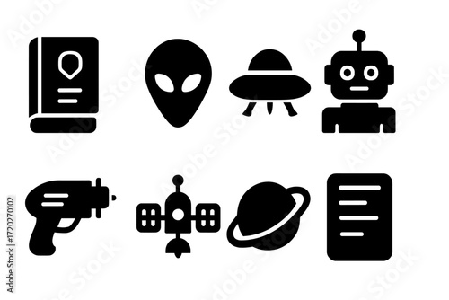 Futuristic Icon Set. Science fiction. Filled icon set of science fiction: futuristic book, alien head,