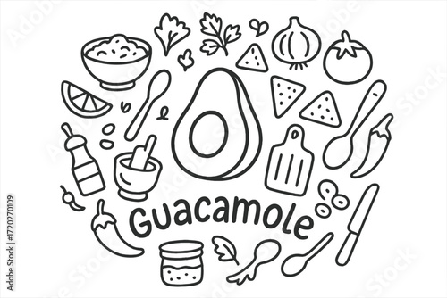 Guacamole Doodle Art. Guacamole. Hand-drawn doodle illustration of Guacamole. In the middle, one slightly