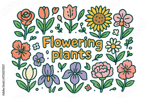 Flowering Plants Doodle. Flowering plants. Hand-drawn doodle illustration of flowering plants. Rose, tulip,