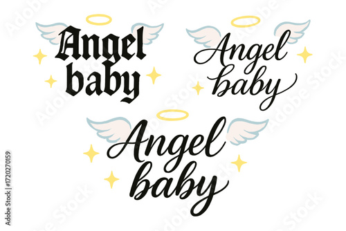 Angel Baby Design. Angel baby. Create a calligraphy lettering illustration of the phrase: Angel baby. Render 3