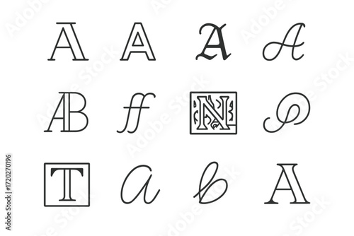 Typography Icon Set. Typography Styles. Line outline icon set of Typography Styles: serif letter, sans serif