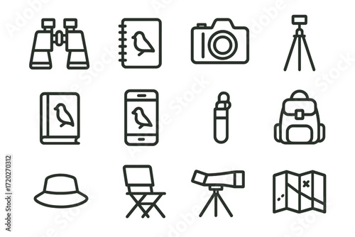 Bird Watching Icons. Bird Watching. Line outline icon set of Bird Watching: binoculars, notebook, camera,