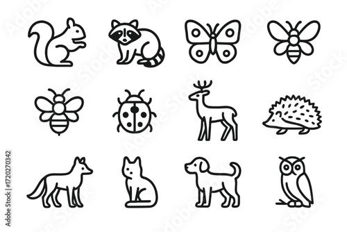 Wildlife Feeder Icons. Wildlife Around Feeders. Line outline icon set of Wildlife Around Feeders: squirrel,