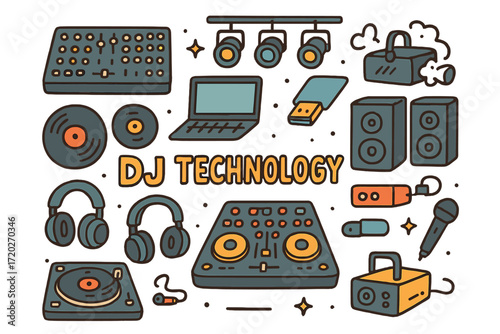DJ Tech Doodle. DJ technology. Hand-drawn doodle illustration of DJ technology. DJ mixer, turntables, vinyl