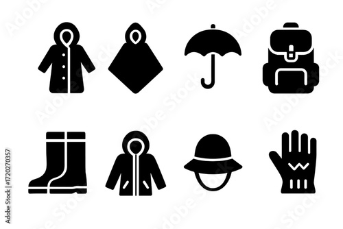 Rainy Weather Fashion Icons. Rainy weather fashion. Filled icon set of rainy weather fashion: raincoat, poncho