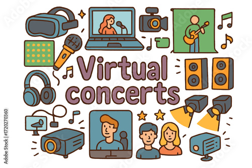 Virtual Concert Doodle. Virtual concerts. Hand-drawn doodle illustration of virtual concerts. VR headset,