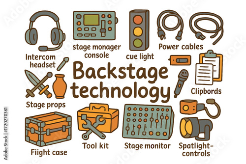 Backstage Technology Doodles. Backstage technology. Hand-drawn doodle illustration of backstage technology.