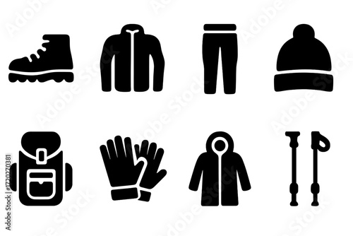 Mountain Gear Icons. Mountain weather fashion. Filled icon set of mountain weather fashion: hiking boots,