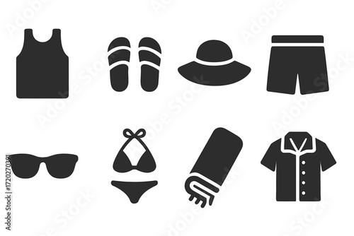 Hot Weather Icons. Hot weather fashion. Filled icon set of hot weather fashion: sleeveless shirt, sandals,