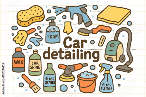 Car Detailing Doodle. Car detailing. Hand-drawn doodle illustration of car detailing. Car wash sponge, water
