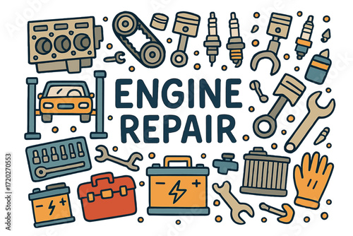 Engine Repair Doodle. Engine repair. Hand-drawn doodle illustration of engine repair. Engine block, pistons,