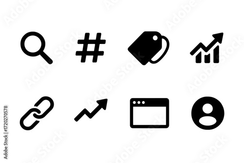 SEO and Hashtags Icons. SEO and hashtags cross-over diagram. Filled icon set of SEO and hashtags cross-over