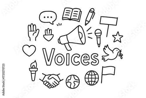 Voices Doodle Collection. Voices. Hand-drawn doodle illustration of Voices. In the middle, one slightly larger
