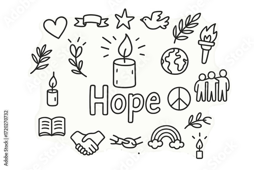 Hope Doodle Collage. Hope. Hand-drawn doodle illustration of Hope. In the middle, one slightly larger central