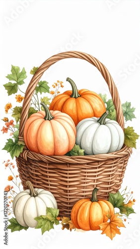 Watercolor Pumpkins and Leaves Arrangement in Woven Basket Isolated on White Background Autumn Harvest