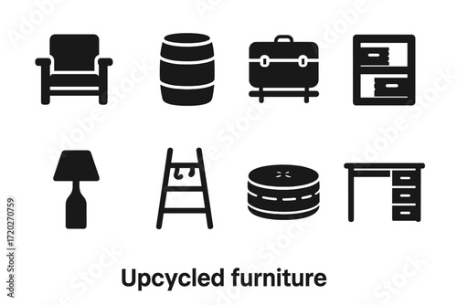 Upcycled Furniture Icons. Upcycled furniture. Filled icon set of upcycled furniture: pallet chair, barrel