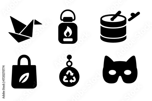 Eco Craft Icon Set. Eco craft creations. Filled icon set of eco craft creations: paper origami, glass jar